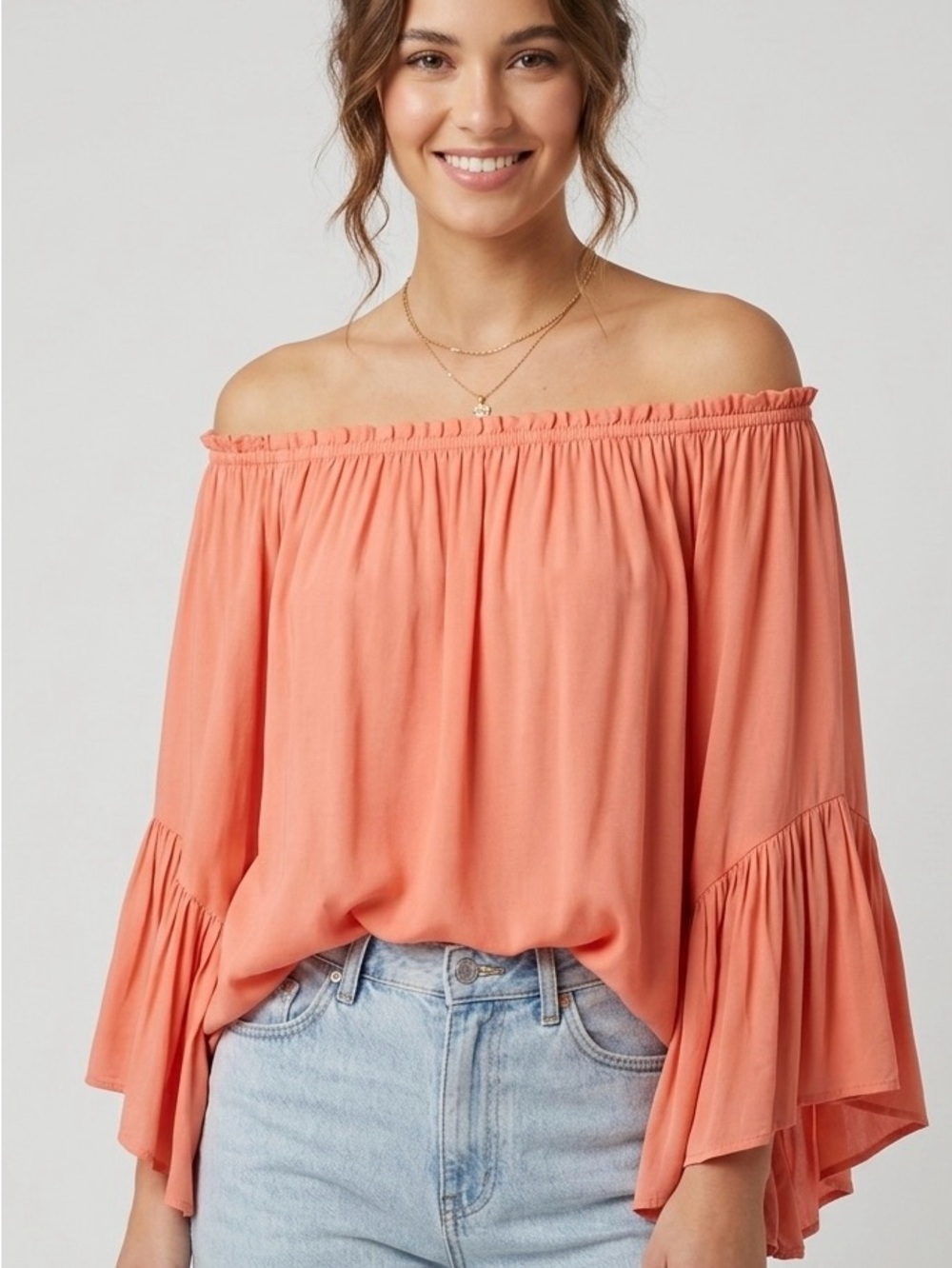 Elan Coral Peach Off-The-Shoulder dramatic Ruffle Bell Sleeve Blouse Top